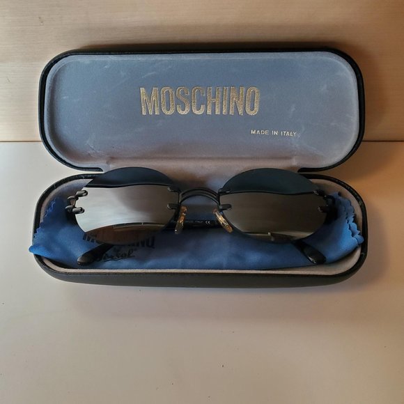 Moschino Vintage 90s Persol Small Oval Rimless Sunglasses Black Grey - Picture 3 of 16